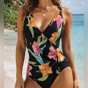 Robby Len Vintage Floral One Piece Swimsuit Size 12 Black Surplice Wrap Front